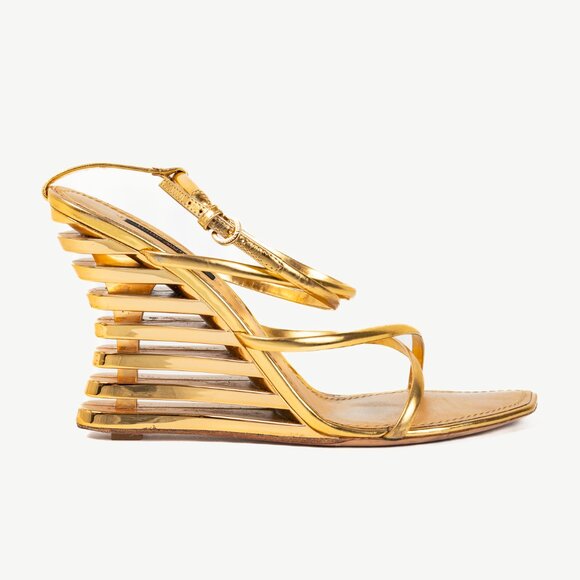 Louis Vuitton Shoes - Louis Vuitton Lime Wedge Gold Leather Stepped-Heel Sandals